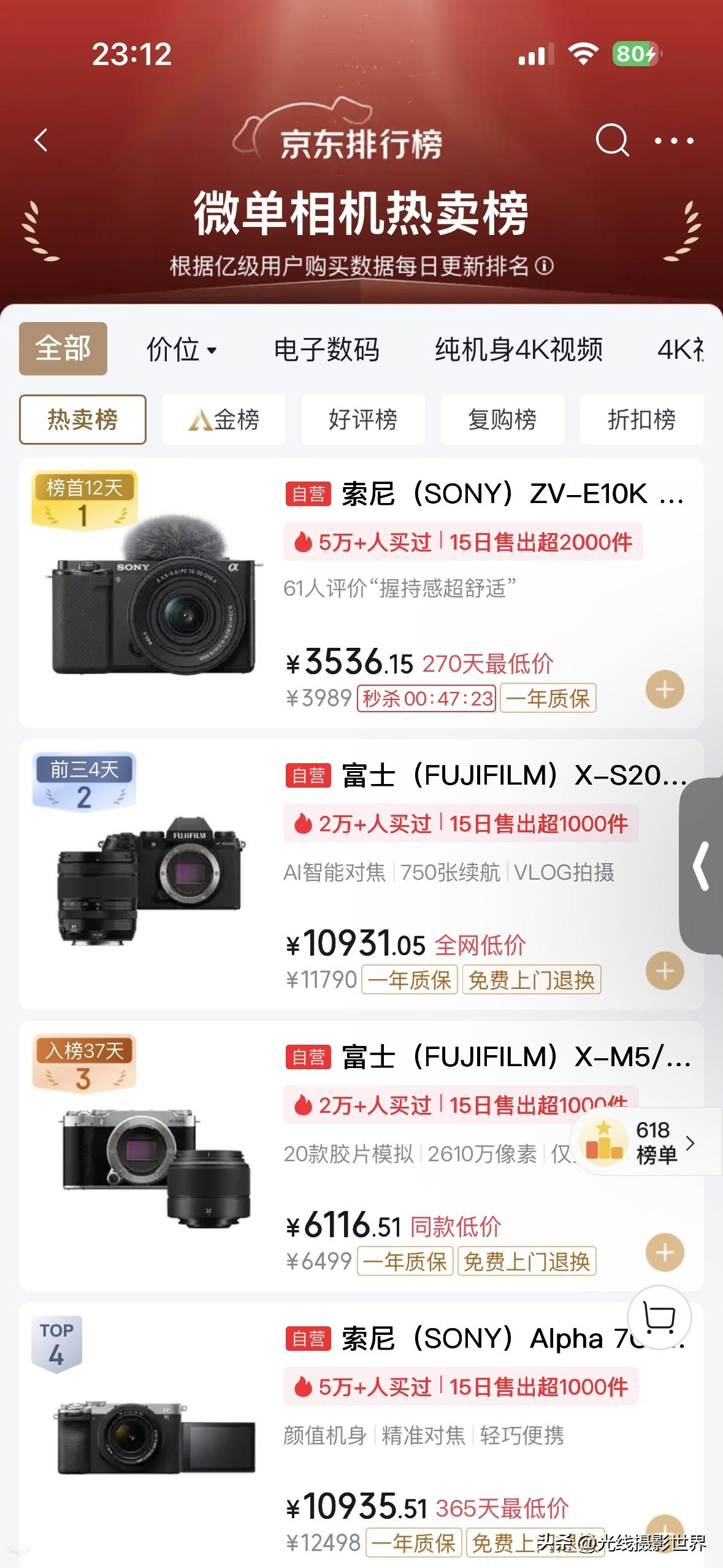 鬼吹全画幅数码微单相机的摄影器材党，看看618的数码微单相机销量排行榜吧！销量冠