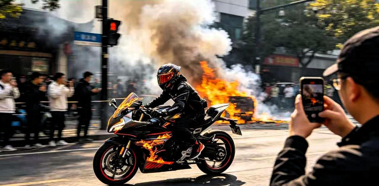 杭州萧山，24岁的楼质军骑着刚买一个多月的张雪500RR，路遇私家车自燃。
火苗