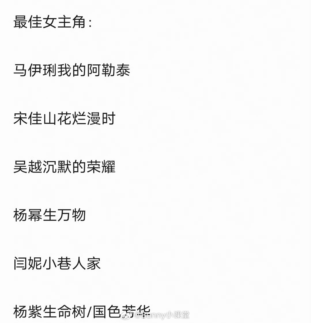 网传今年金鹰奖最佳女主角提名名单：杨紫、宋佳、吴越、闫妮、杨幂、马伊琍，谁最有希