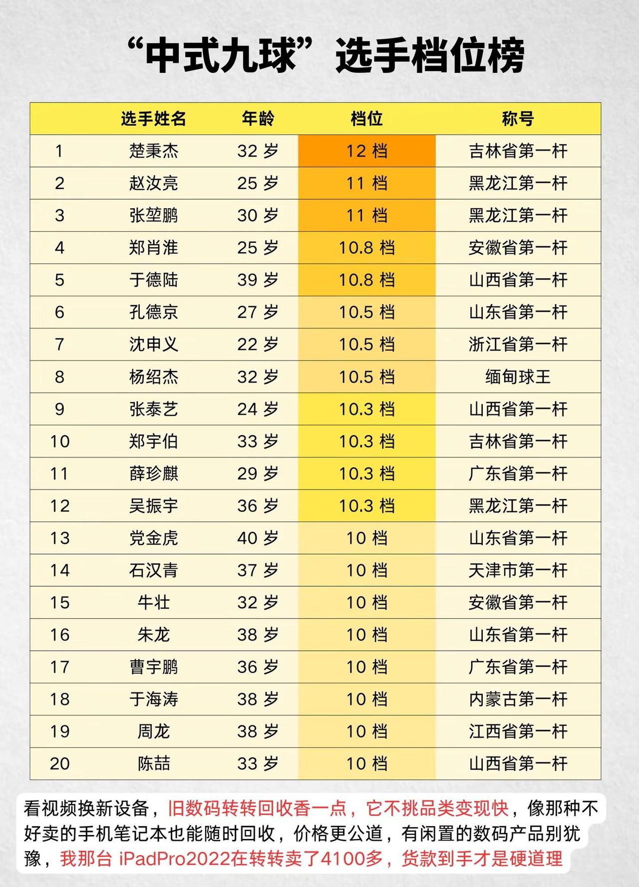 中式九球选手实力档位榜中式台球 台球 桌球 中式九球