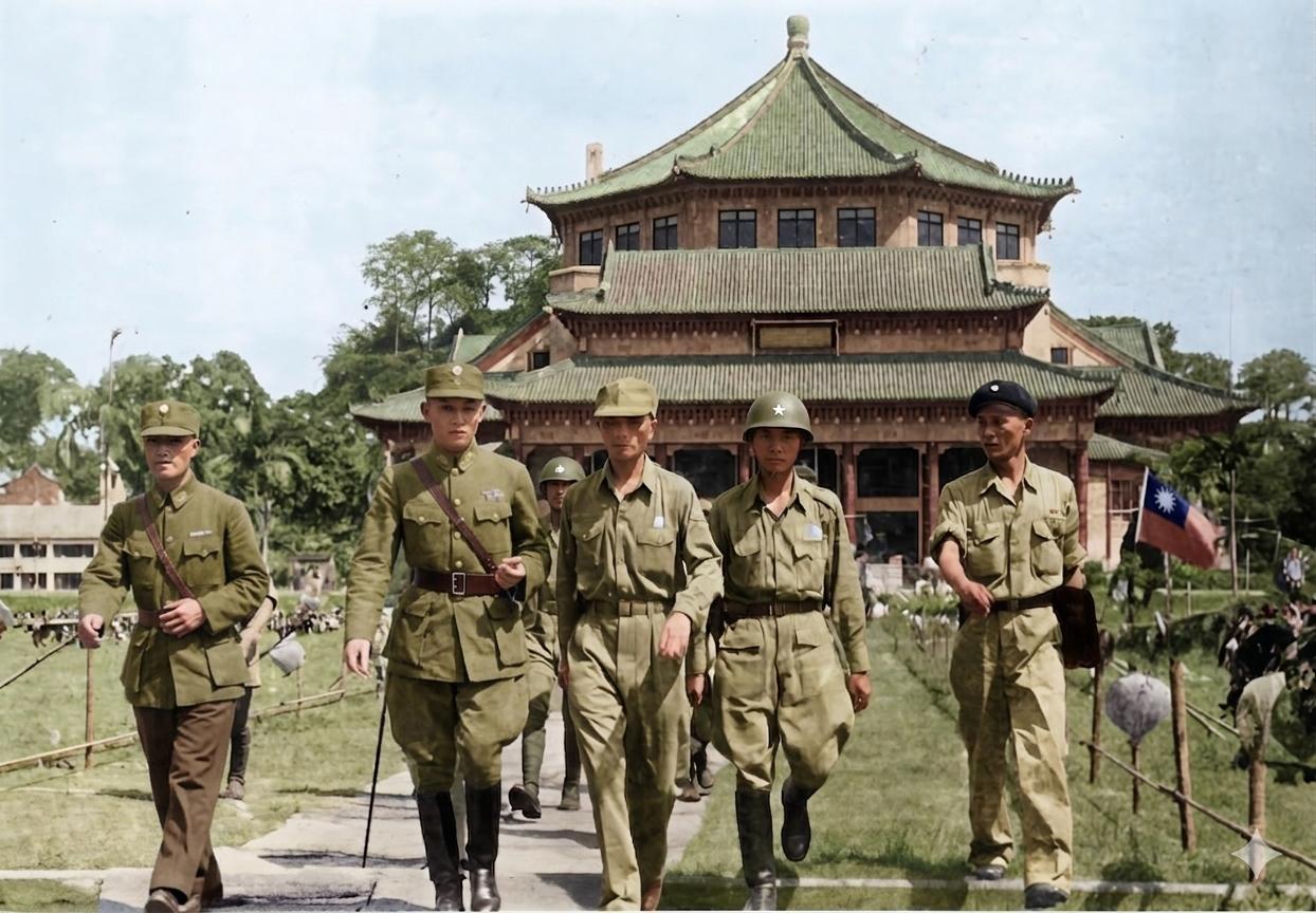 1945年9月，广州受降典礼结束后，新一军军长孙立人（左二）以胜利者姿态离场的瞬