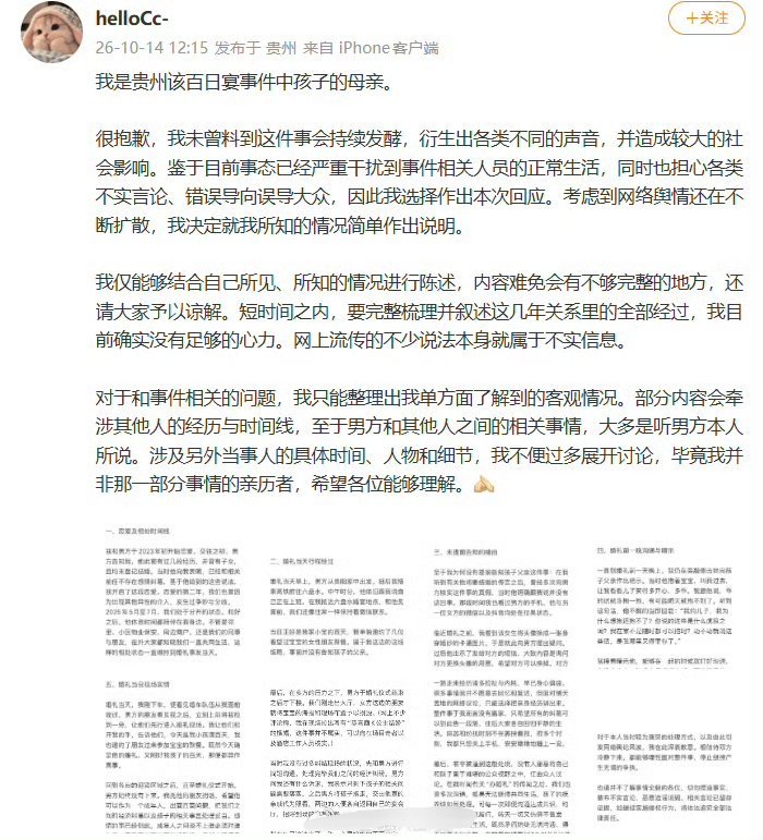 百日宴孩子母亲道歉致歉声明：在长文中明确表示，对于本人当时较为“唐突”的处理方式
