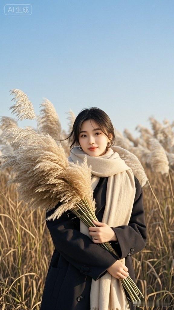 一位女生在田野里抱着一束麦穗。