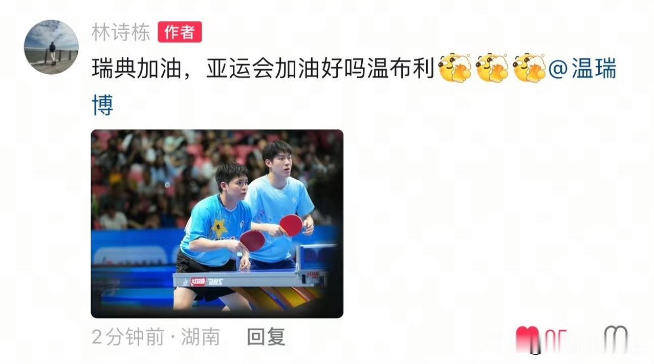 林诗栋想赢的心已经到达顶峰，
他给温瑞博留言，
说瑞典大满贯和亚运会继续努力。