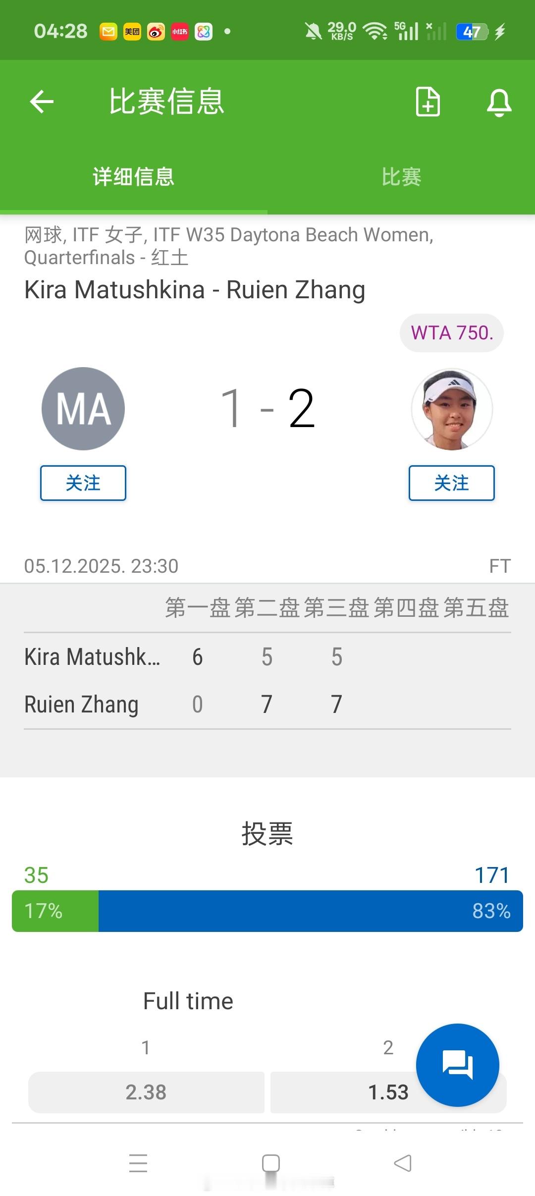 小花小草资讯 【🇺🇸德通纳海滩 W35】女单四分之一决赛🇨🇳张瑞恩0-6