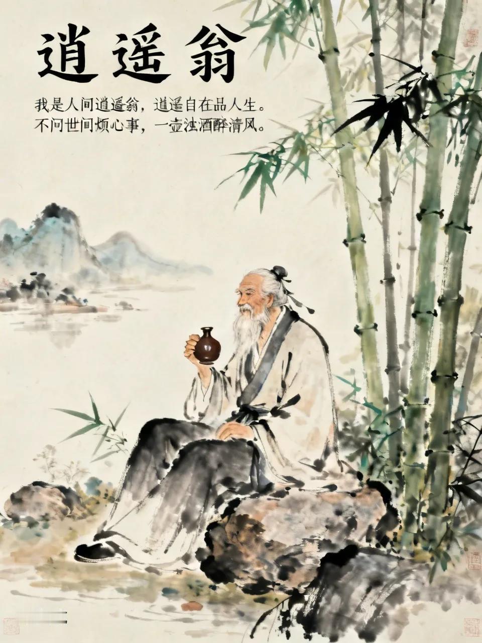 这幅工笔画太有意境啦，这是庄子的消遥人生。
诗曰：消遥翁：
我是人间消遥翁，
消