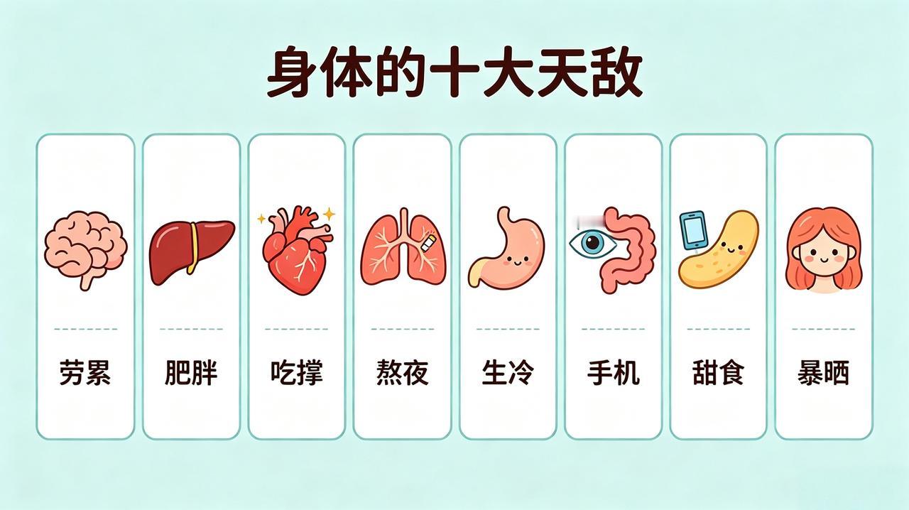 身体十大天敌
 
1. 大脑的天敌，是过度劳累！

2. 肝脏的天敌，是肥胖超标