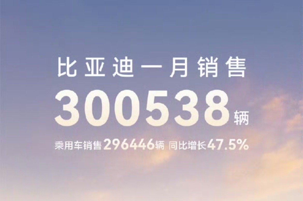 【比亚迪1月销售300538辆 同比增长49.16% 夏首月破万】日前，比亚迪公