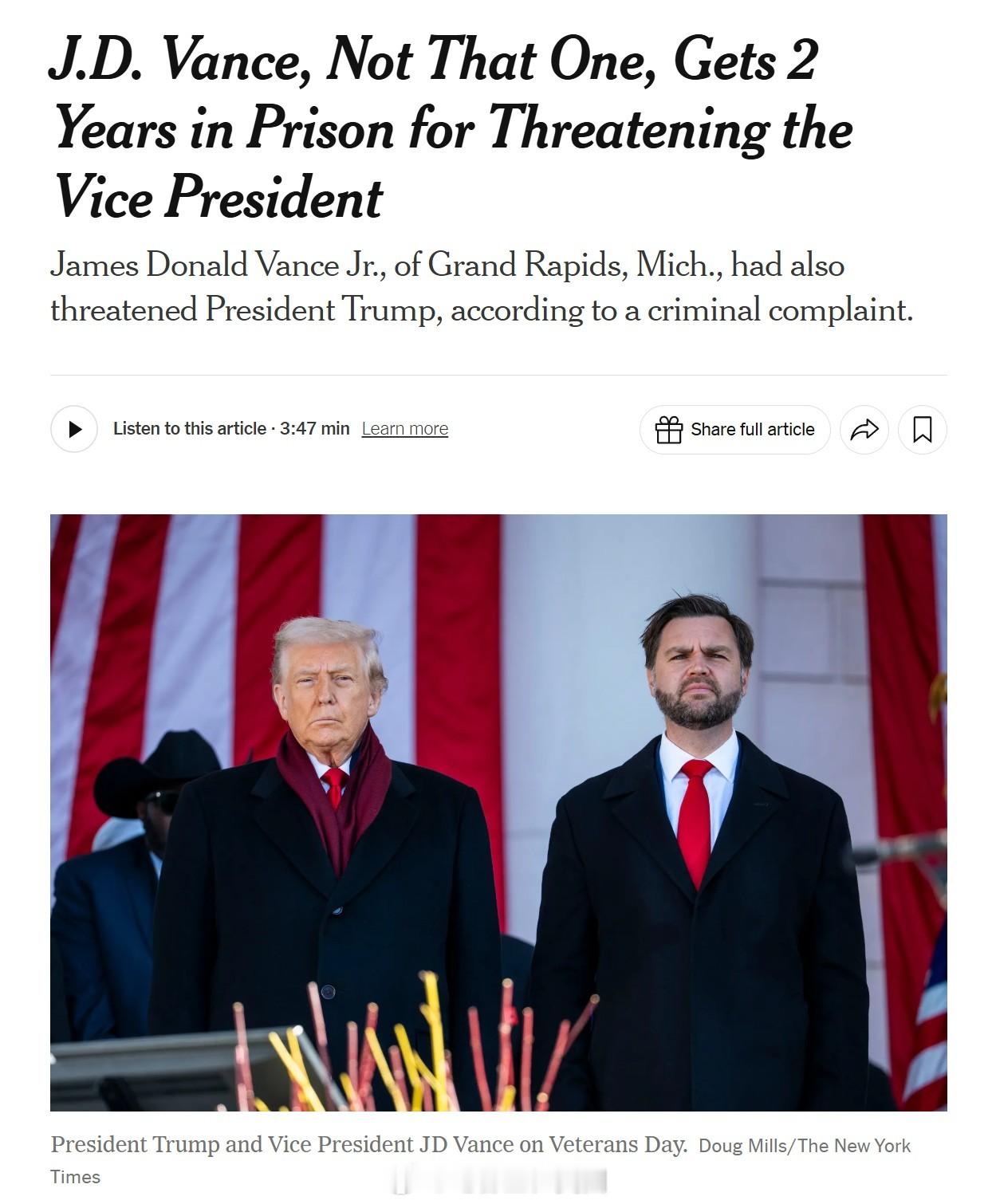 密西根的一名男子JD Vance 因在社交媒体上威胁川普和JD Vance，被判