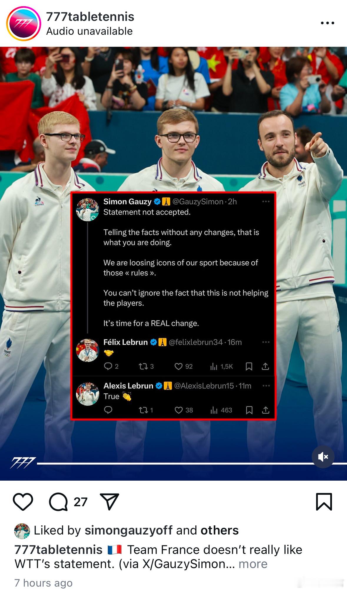 法国选手西蒙·高茨的回应，勒布伦兄弟均表示支持。请注意，法国运动员用英语表达不满