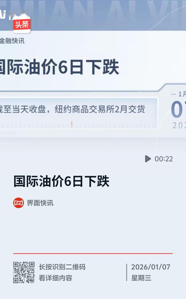 国际油价1月6日跌了，这消息有点意思。截至当天收盘，纽约商品交易所2月交货的轻质