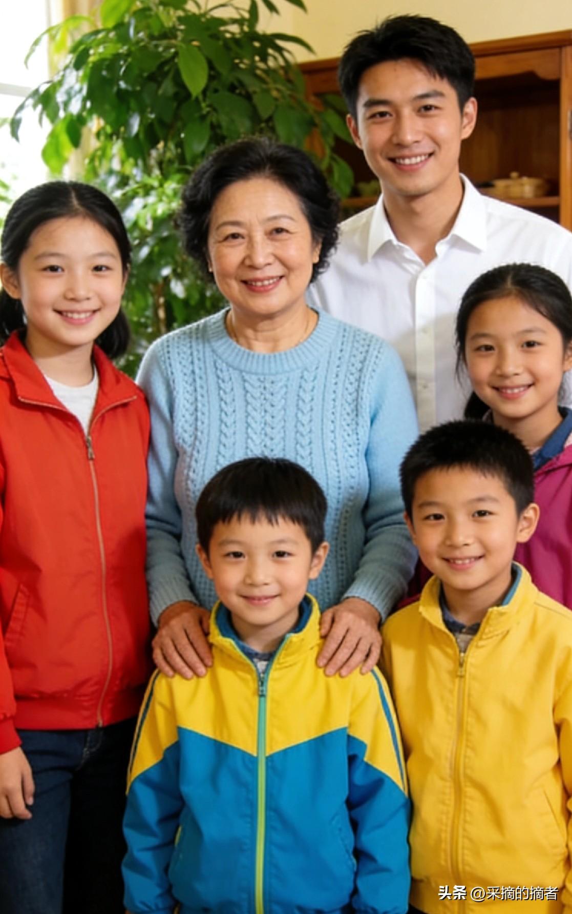 今天刷到一个视频，
一个50多岁的大姐，
带着5个孩子，
找了个30来岁的小青年