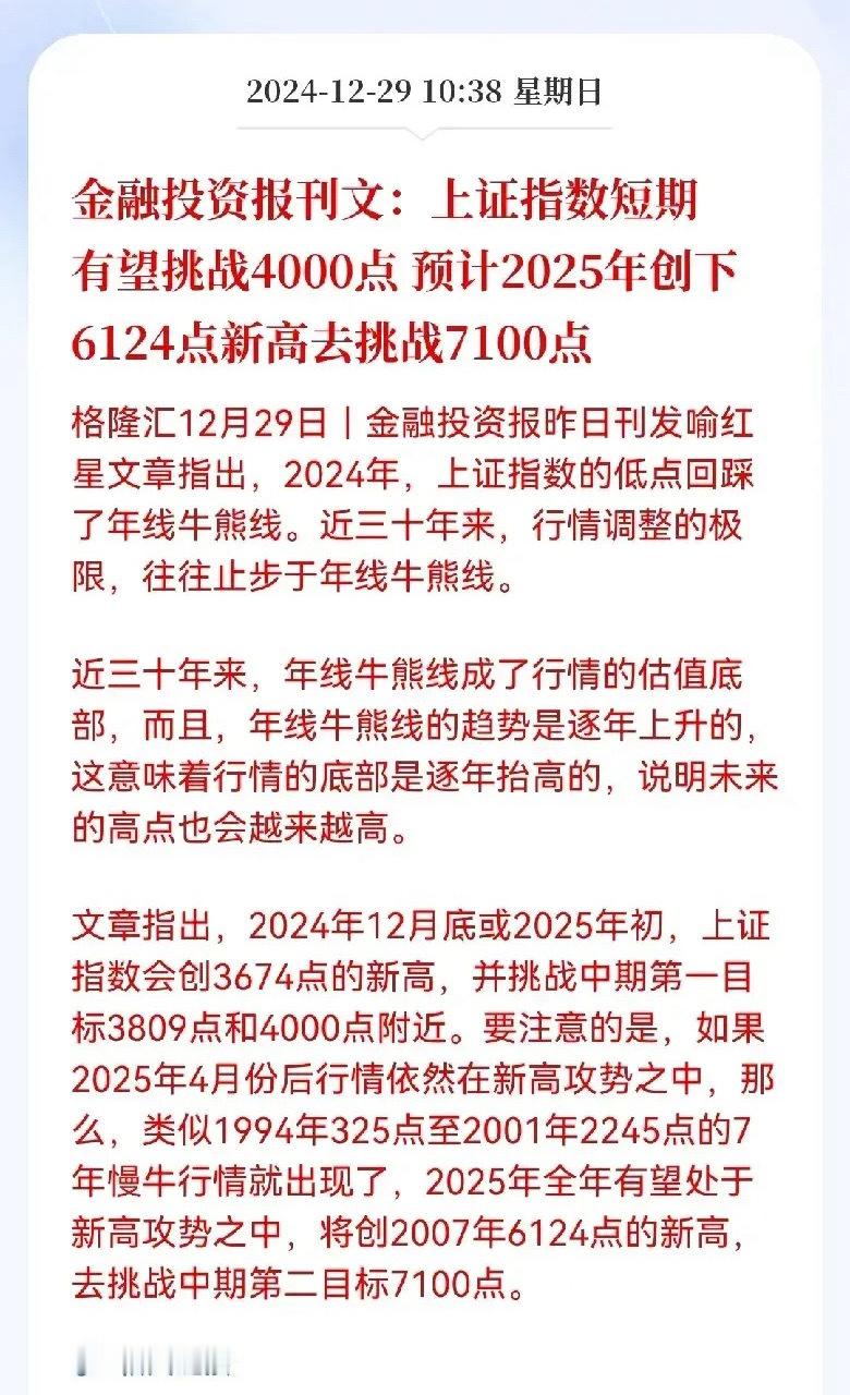 金融投资报重磅发文，上证指数短期有望挑战4000点，预计2025年创下6124点