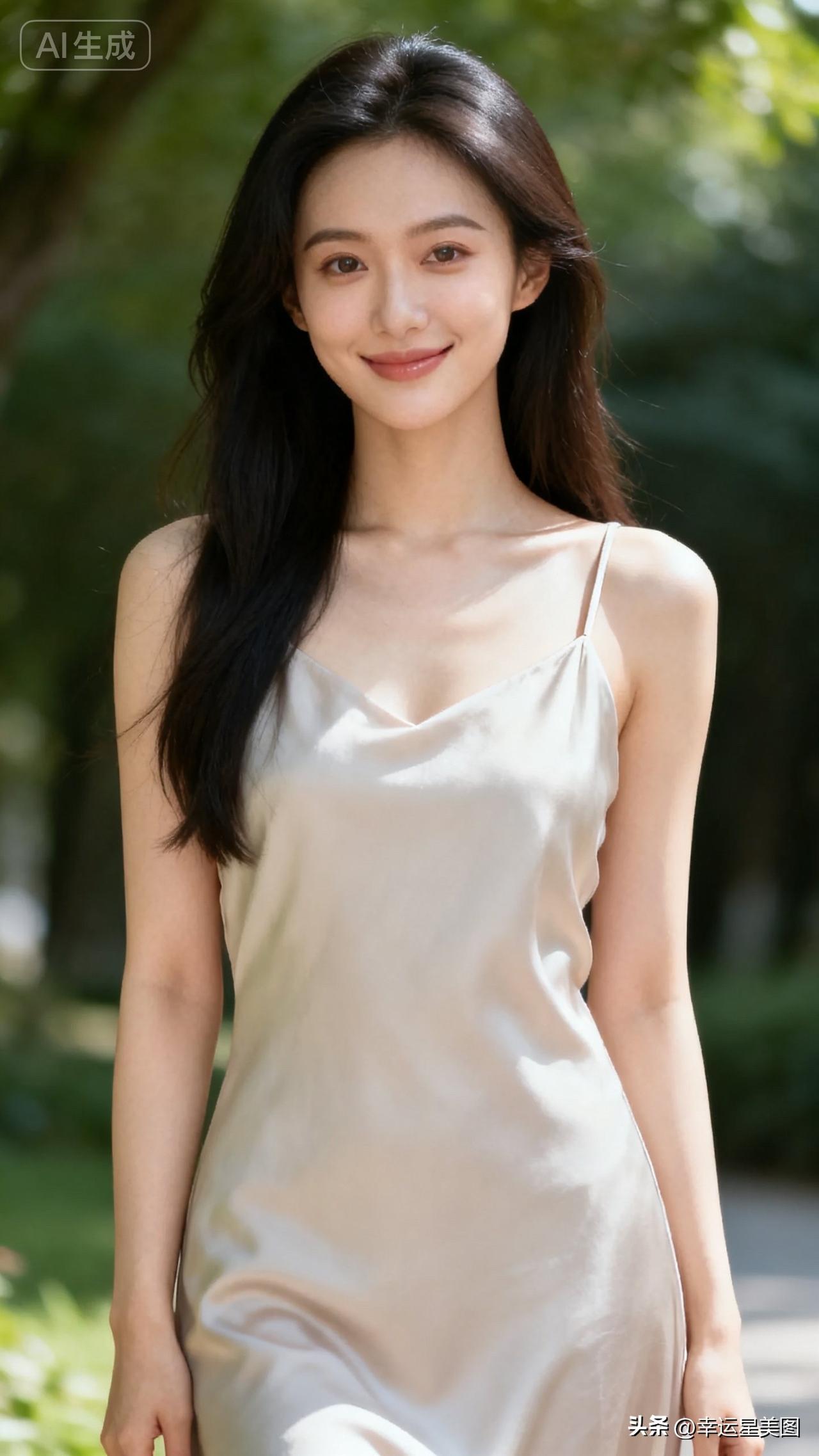 一位美女在绿树丛中微笑。