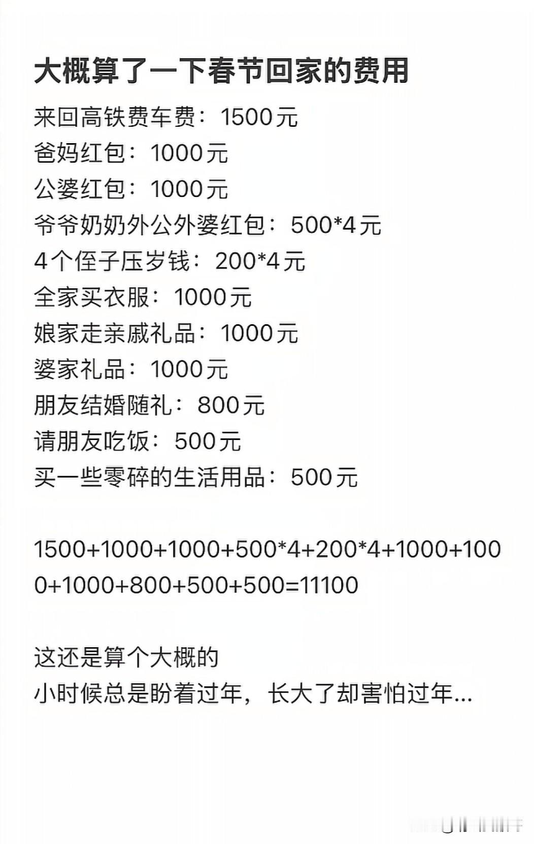 这是一位结婚的女网友初步统计的回家过年的基本花销，你回家过过个年要花多少钱？