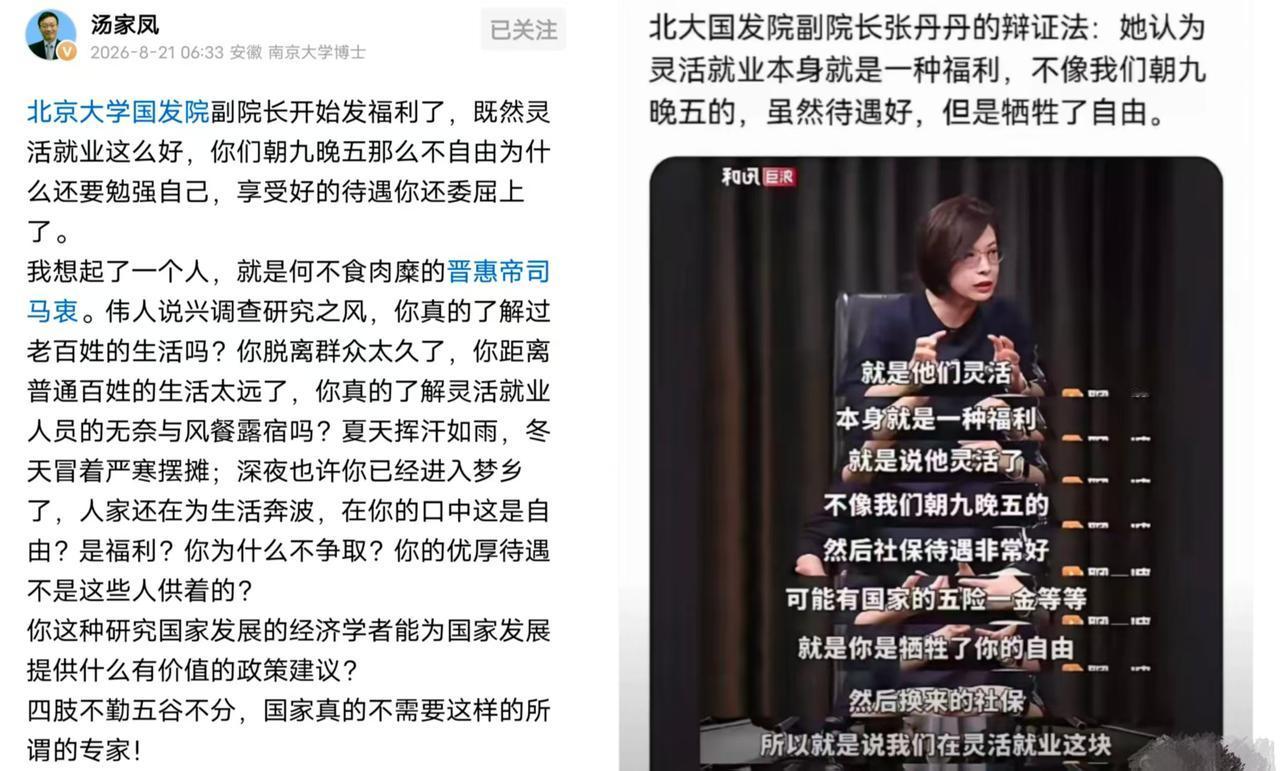 汤家凤痛批北大教授张丹丹，既然灵活就业这么好，请你放弃朝九晚五的工作。
张丹丹在