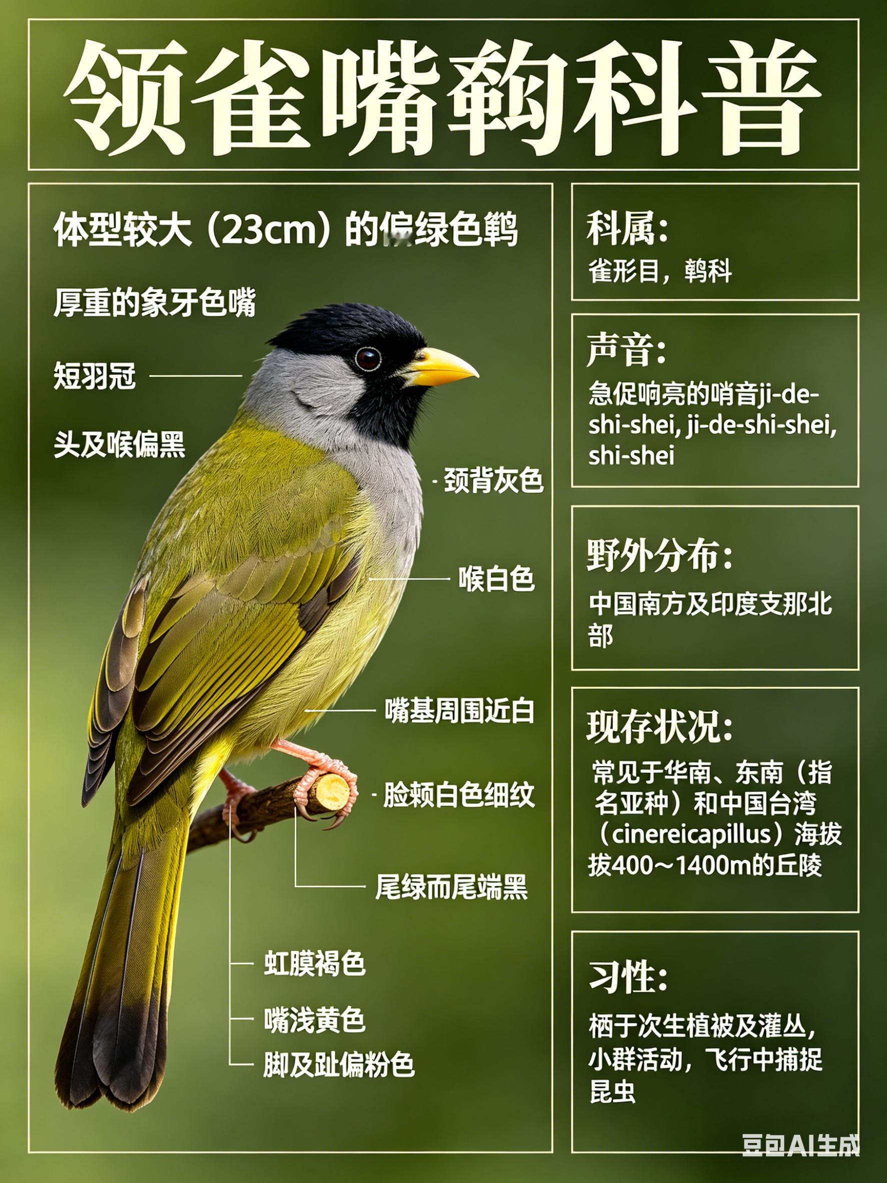 鸟类朋友图鉴 领雀嘴鹎·科属：雀形目，鹎科。·外形特征：体型较大（23cm）的偏