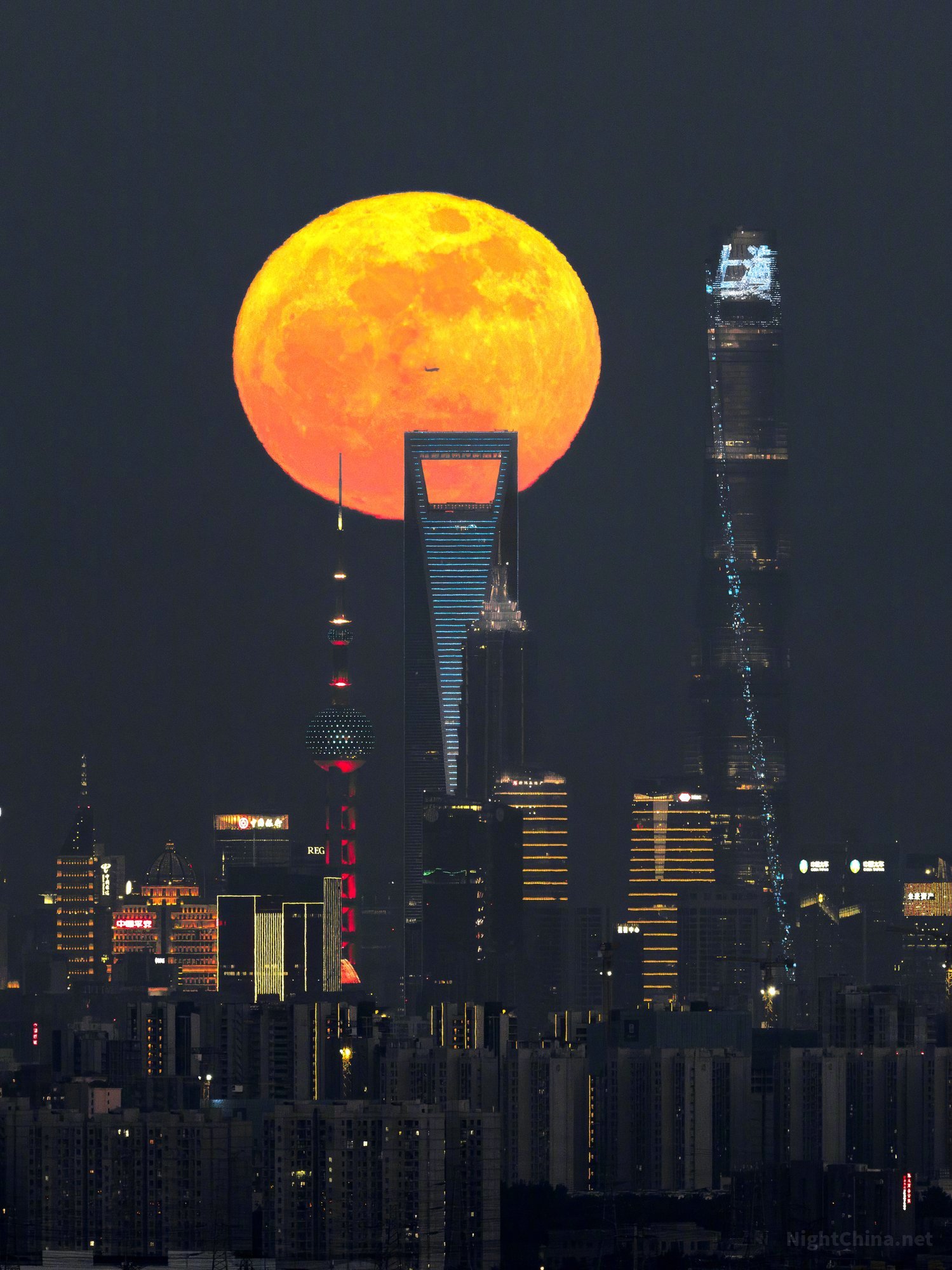 橙焰般的满月悬于上海夜空，将东方明珠、环球金融中心与上海中心的剪影一并收入怀中。