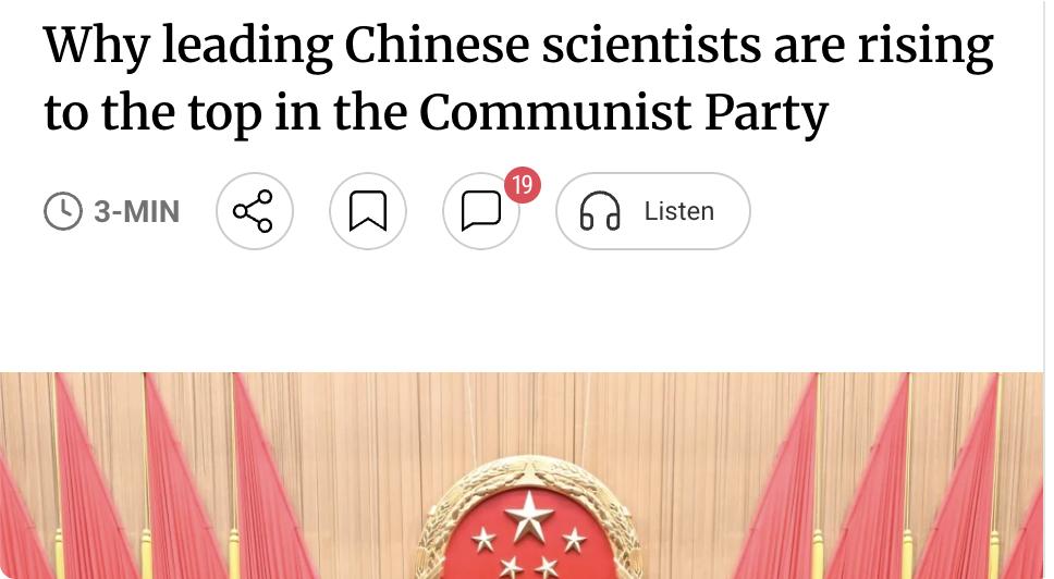 外媒：中国科学院和工程院院士在中国最高决策层中的比例十年间翻倍，从2012年十八