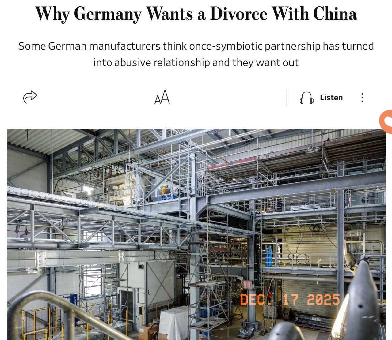 《华尔街日报》报道，德国有意终止与中国的合作关系。

看了《华尔街日报》那篇报道