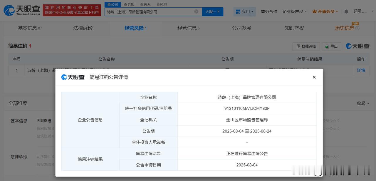 【王岳伦拟注销以女儿命名公司 王岳伦名下诗龄品牌管理公司拟注销】
天眼查工商信息