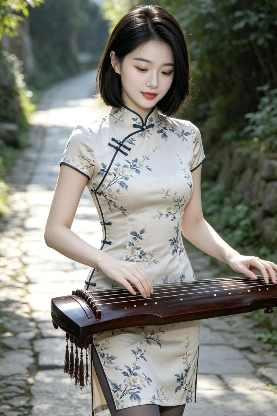 优雅古筝少女，漫步在石板小径上，感受传统与自然的和谐。