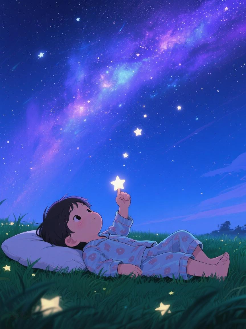 AI妙生图躺在草地，伸手触摸闪烁星芒，平凡日子里藏着无尽梦幻与遐想✨