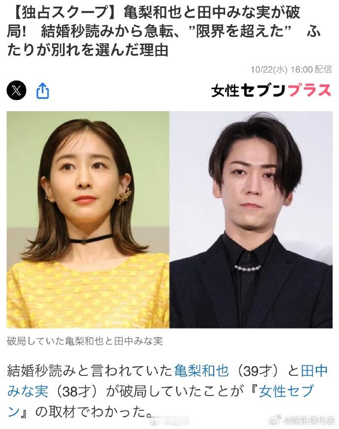 龟梨和也田中美奈实分手 据日媒，龟梨和也(39)和田中美奈实(38)已分手。据龟