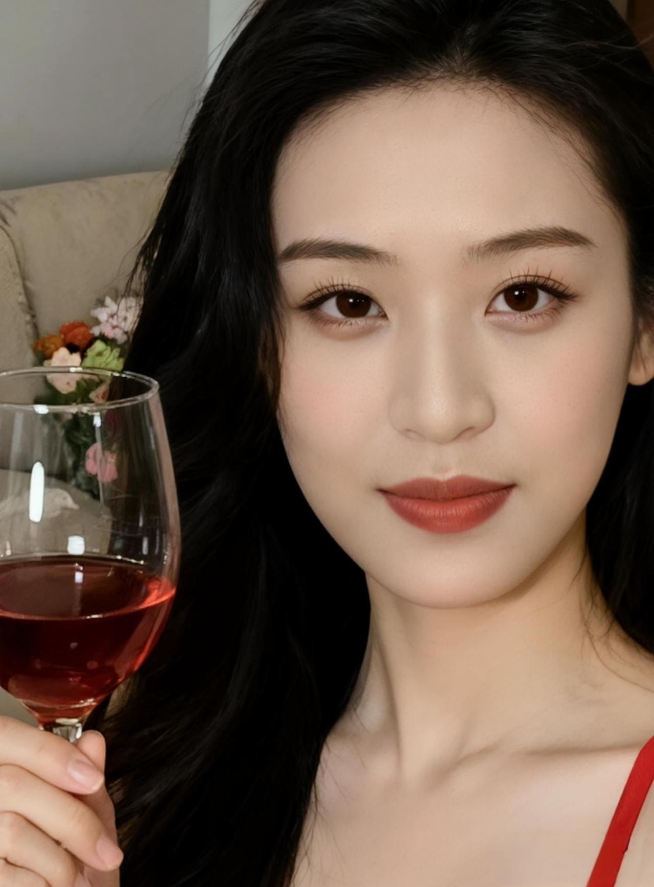 🍷 葡萄美酒入喉，烈焰红唇轻启，红裙摇曳间，是藏不住的风情与温柔。这一杯，敬人