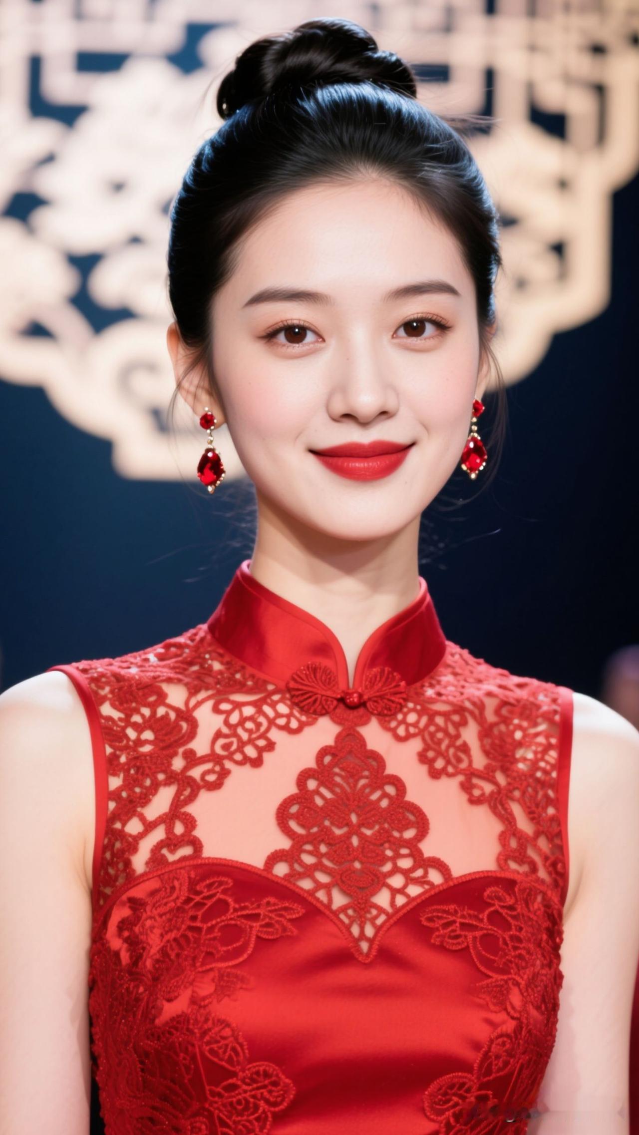 🏮 暗幕为笺，红裙是晕开的焰色，灯笼驮着温柔的风，她站在那里，就是烟火气里发光