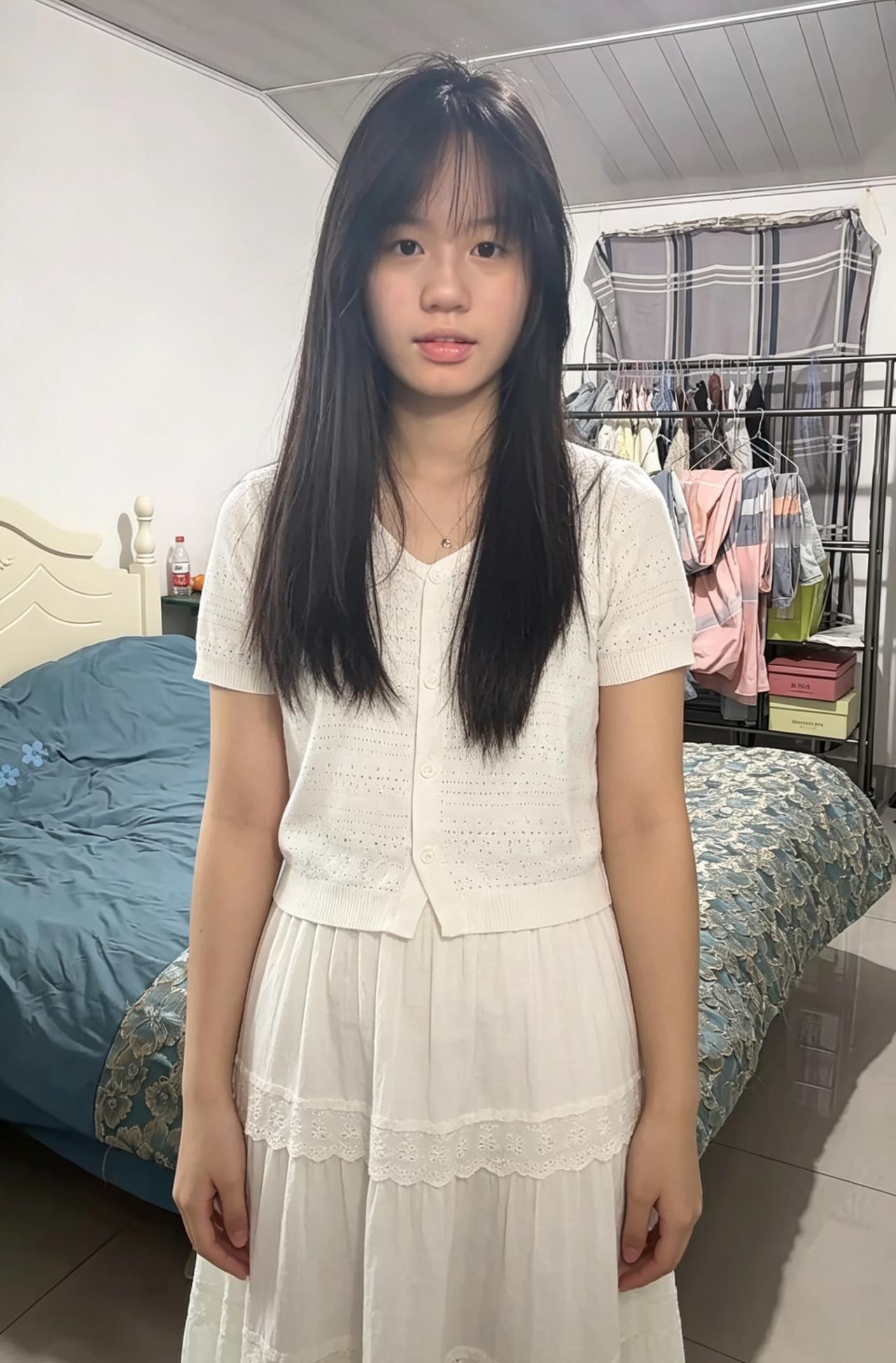 纤衣白袂自温柔，眉黛轻描韵致流。
一室清光凝晓色，春风不度也含羞。