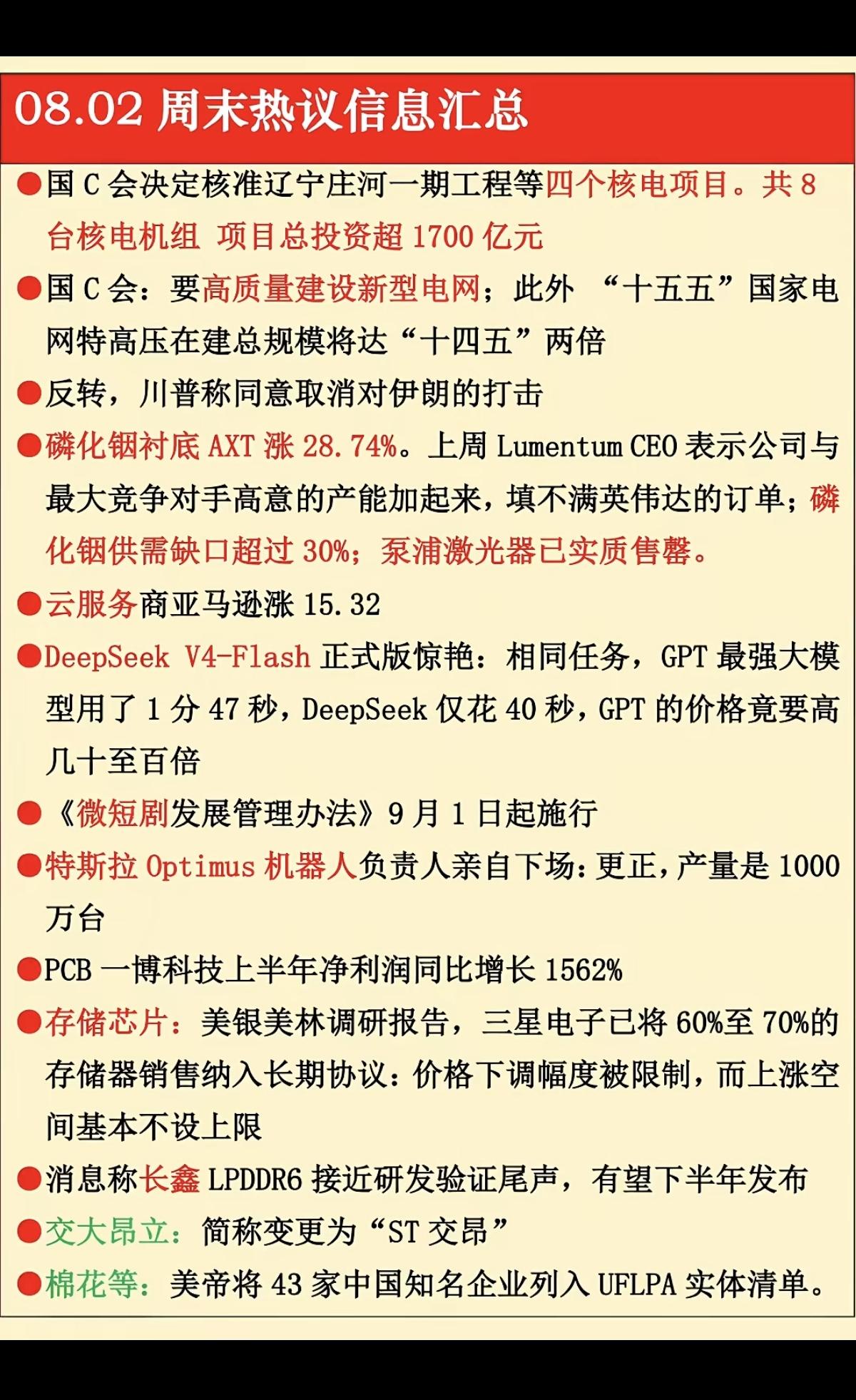 8.02周日  晚间：财经热点信息参考！

1.核电核能
2.磷化铟衬底
3.云