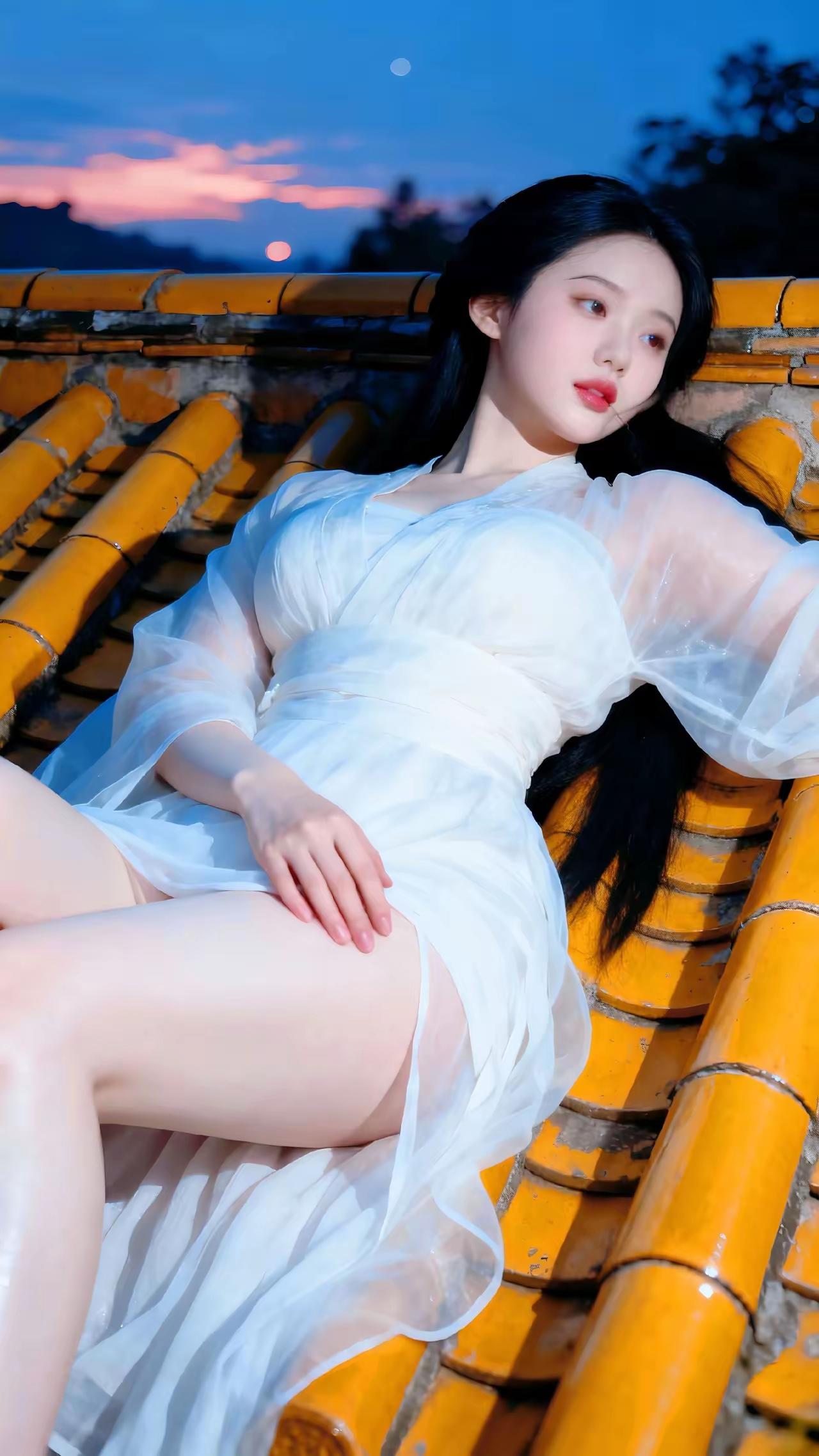 黄昏时分，少女倚靠在古风建筑的屋檐下，白纱裙随风飘逸，宛如画中仙子。