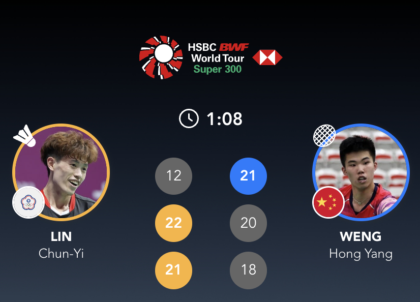 翁泓阳🇨🇳 21-12、20-22、18-21 林俊易半决赛：林俊易 vs 