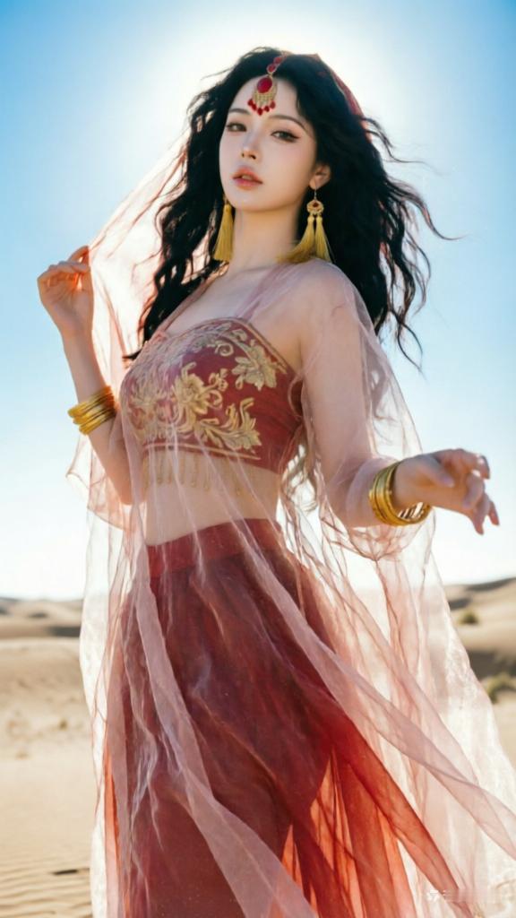 沙漠中的异域风情，红衣女子翩翩起舞