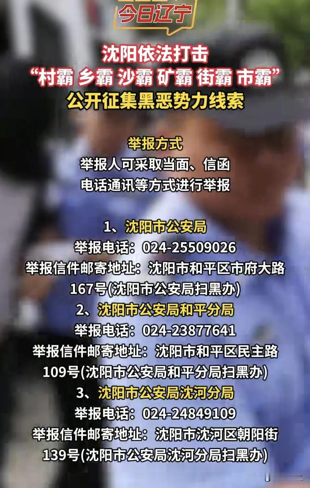赞！沈阳公安局重拳出击！征集犯罪线索！
沈阳市公安局28日发布通告，全面征集涉黑