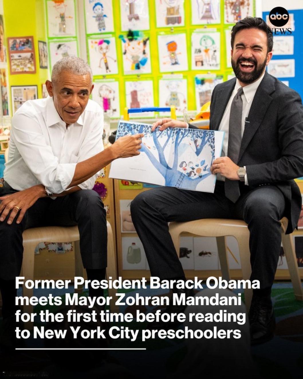 美国前总统巴拉克·奥巴马于周六首次与纽约市长佐赫兰·曼达尼会面，会面地点是一家托