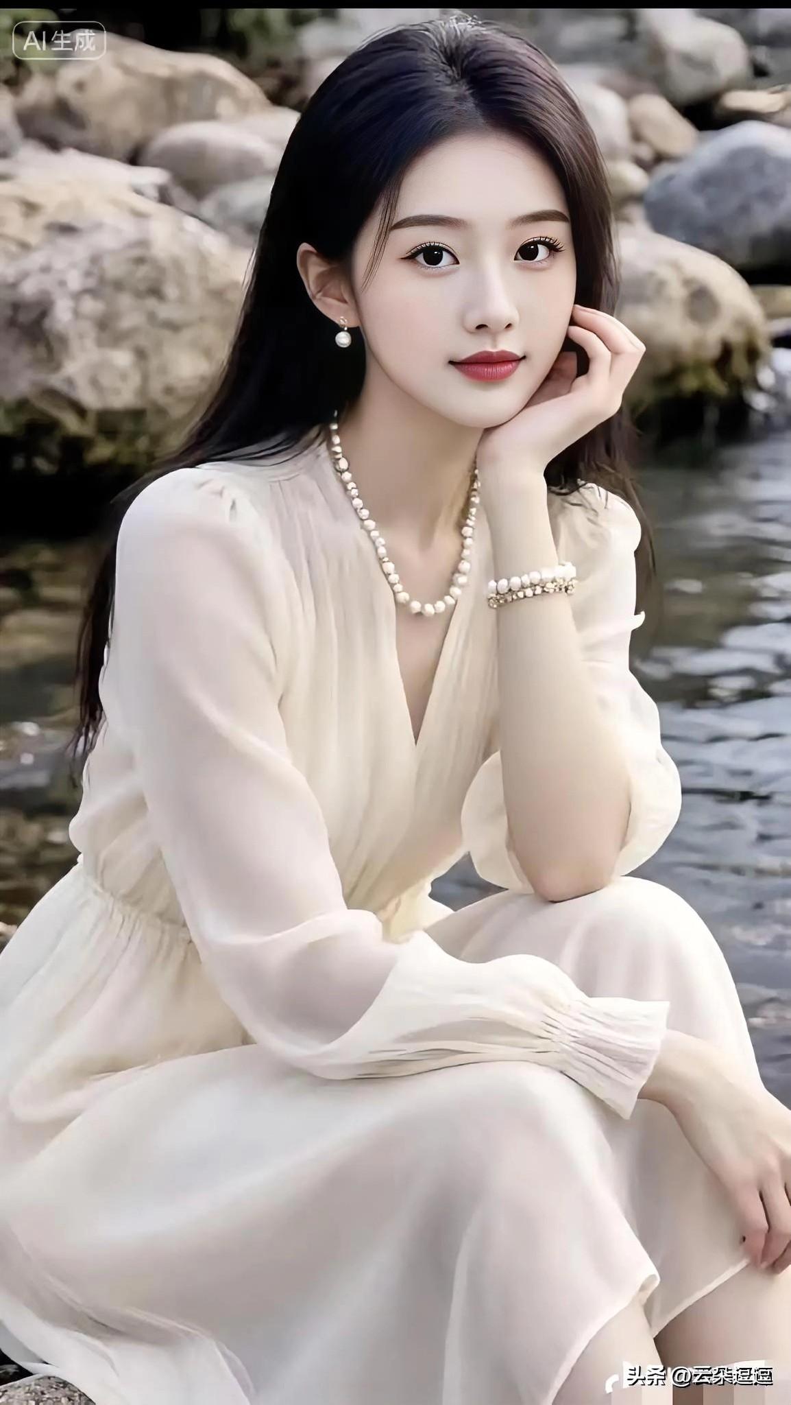 优雅白裙少女，静坐溪边，珍珠项链点缀，自然之美