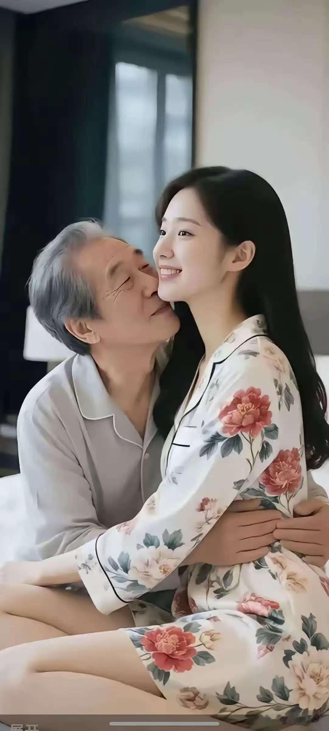 天净沙·翁拥媚娘
美照惹动垂涎，
老翁怀抱娇妍。
年岁虽高运显。
美人相伴，
梦