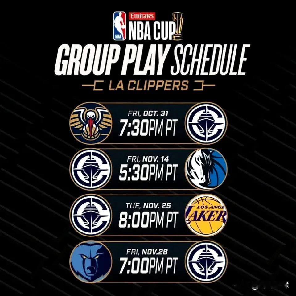 快船NBA杯赛程公布，11月25洛杉矶德比上演！

今天，NBA官方公布了NBA