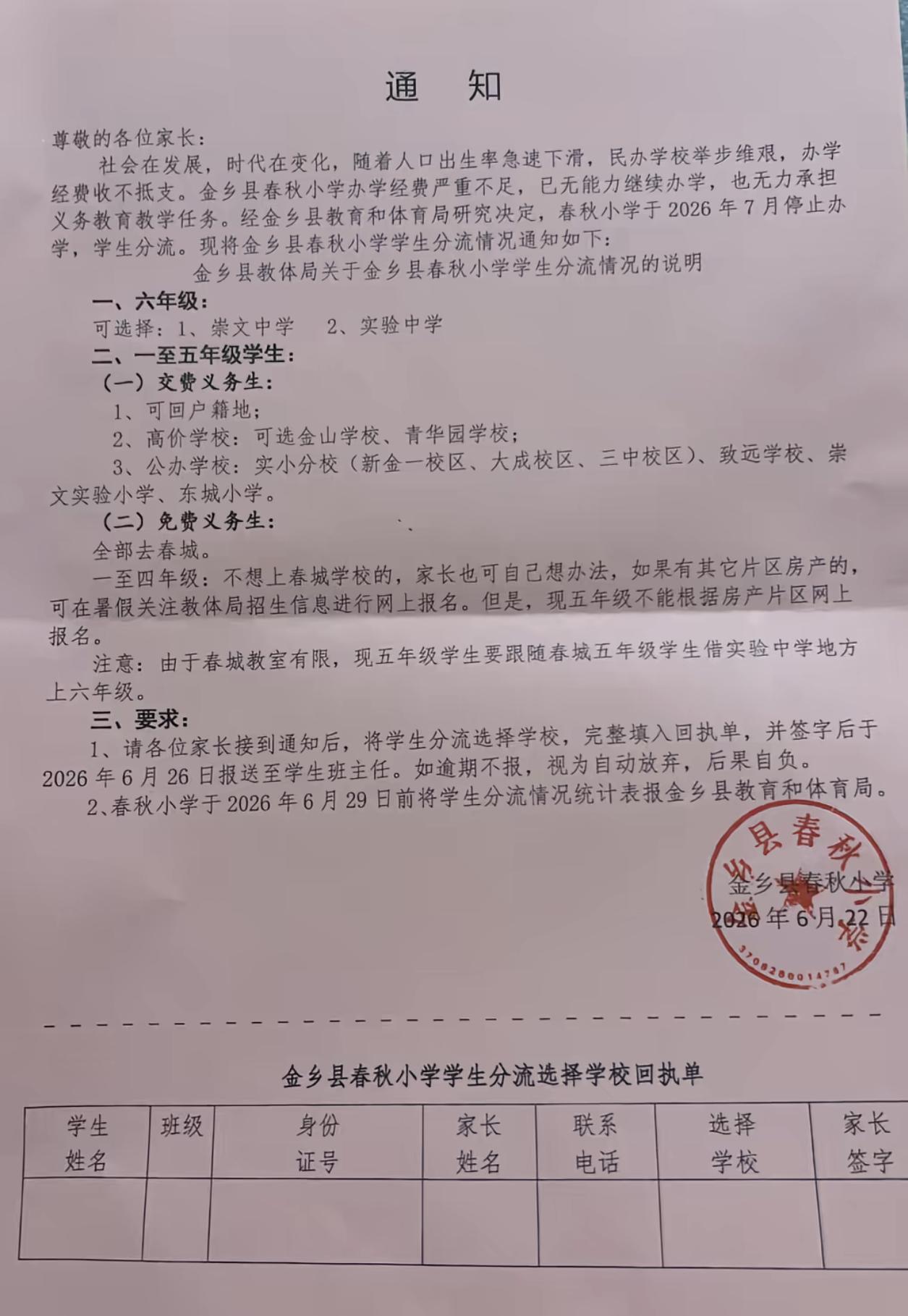 【济宁一民办小学因办学困难安排学生分流】近日，济宁金乡县春秋小学发布在校生分流情