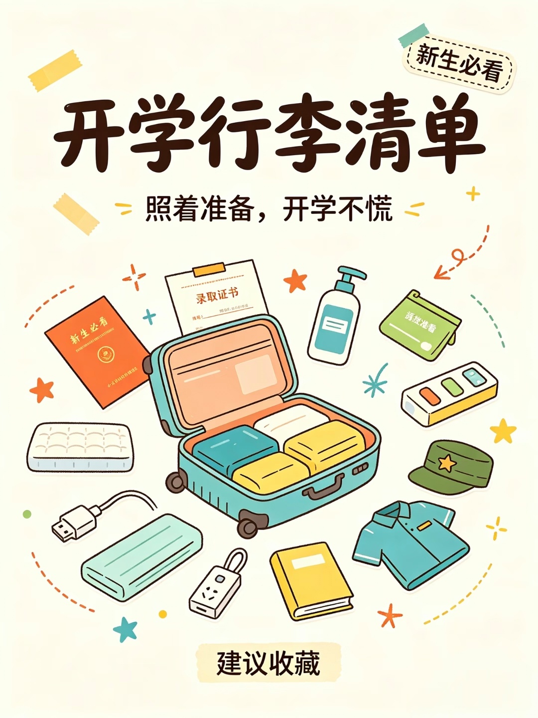 大学生喜爱内容共创计划开学季 准大学生们，开学行李别再瞎塞了。整理了一份实在清单