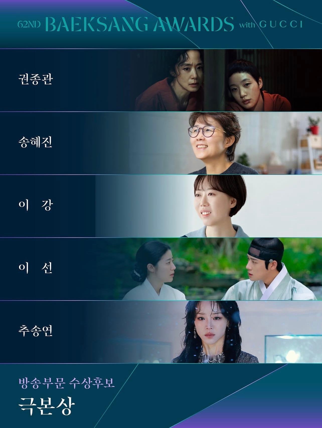 第62届百想艺术大赏电视部门提名名单公布，剧集《你和其余的一切》《未知的首尔》均