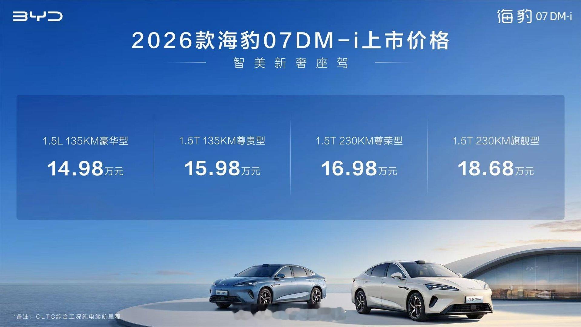 26款海豹07 DM-i 上市，14.98w起。搭载第五代DM-i技术，NEDC