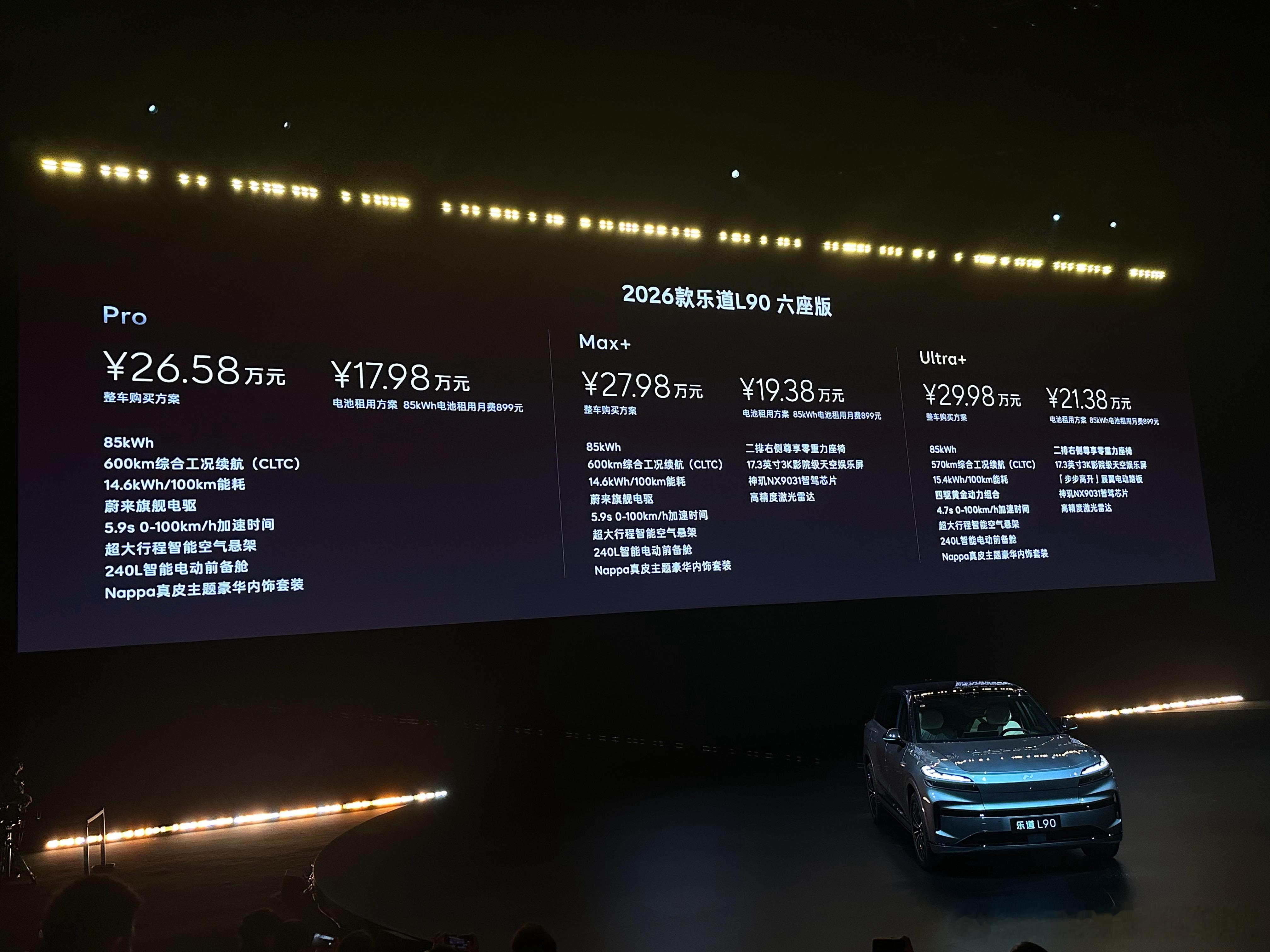 2026款乐道L90的价格来了。六座版租电价格是17.98到21.38万，起步就