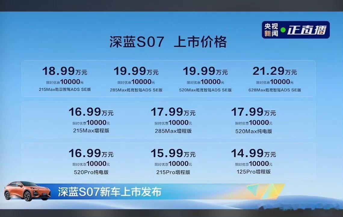 深蓝S07正式上市，共推出增程加纯电10款配置车型，售价区间14.99-21.2