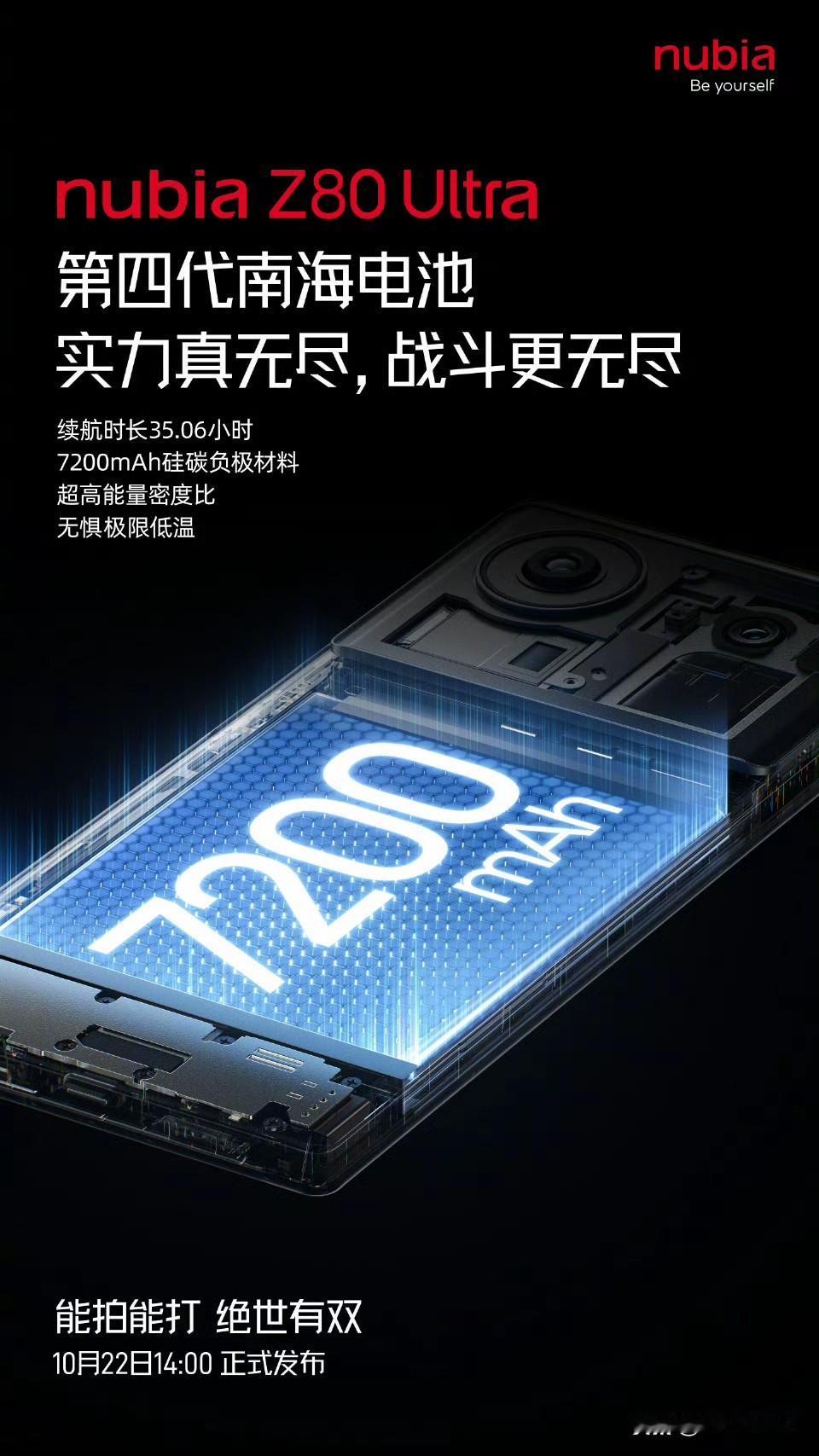 努比亚 Z80 Ultra 用上了 7200mAh 第四代南海电池，支持 80W