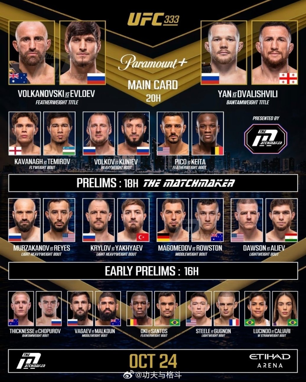 UFC 333本周开打！双冠军战领衔UFC 333 本周六在阿布扎比开打，两场冠