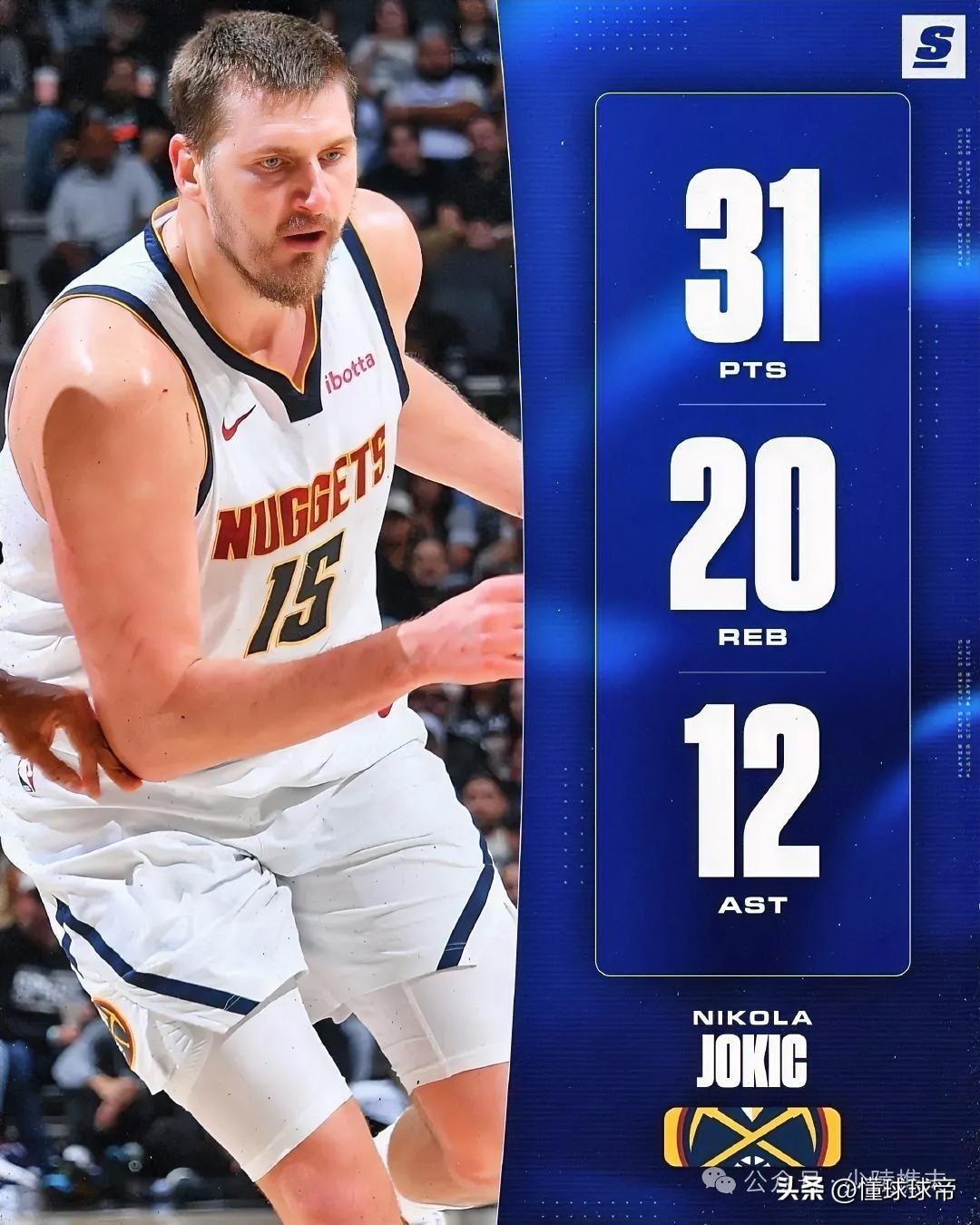 文班亚马的缺阵，让约基奇爆砍31分20篮板12助攻超级三双孤独求败!

在今天掘