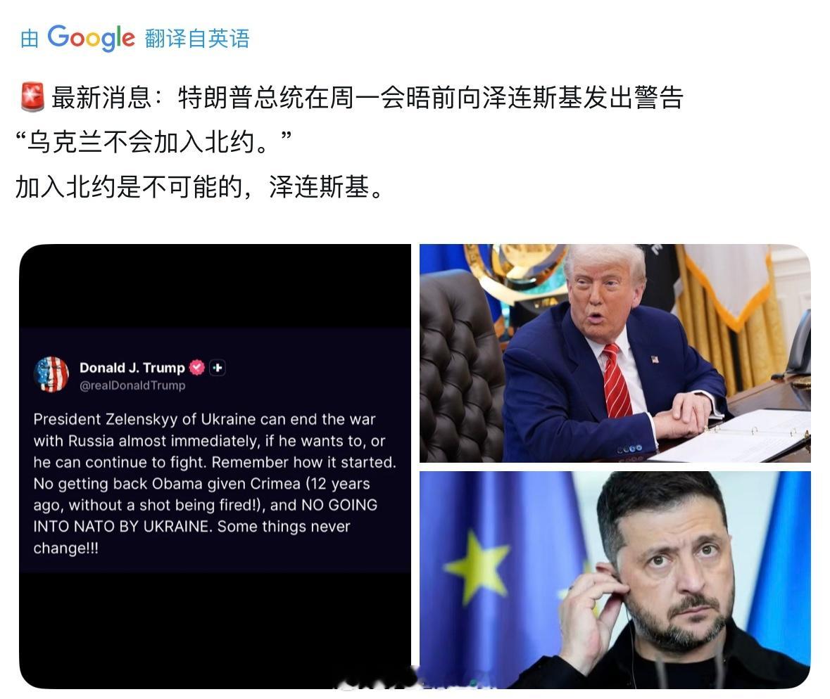 特朗普会晤前警告泽连斯基，乌克兰永远不可能加入北约“乌克兰总统泽连斯基几乎可以立